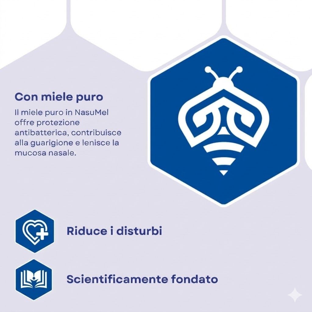 Testo: Con miele puro. Riduce i disturbi. Scientificamente provato. Logo: Ape in un motivo a nido d'ape.