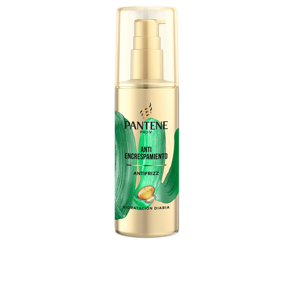Flacone dorato con dosatore. Scritte: PANTENE PRO-V, ANTI ENCRESPAMIENTO, ANTIFRIZZ. Elementi grafici verdi e gialli.