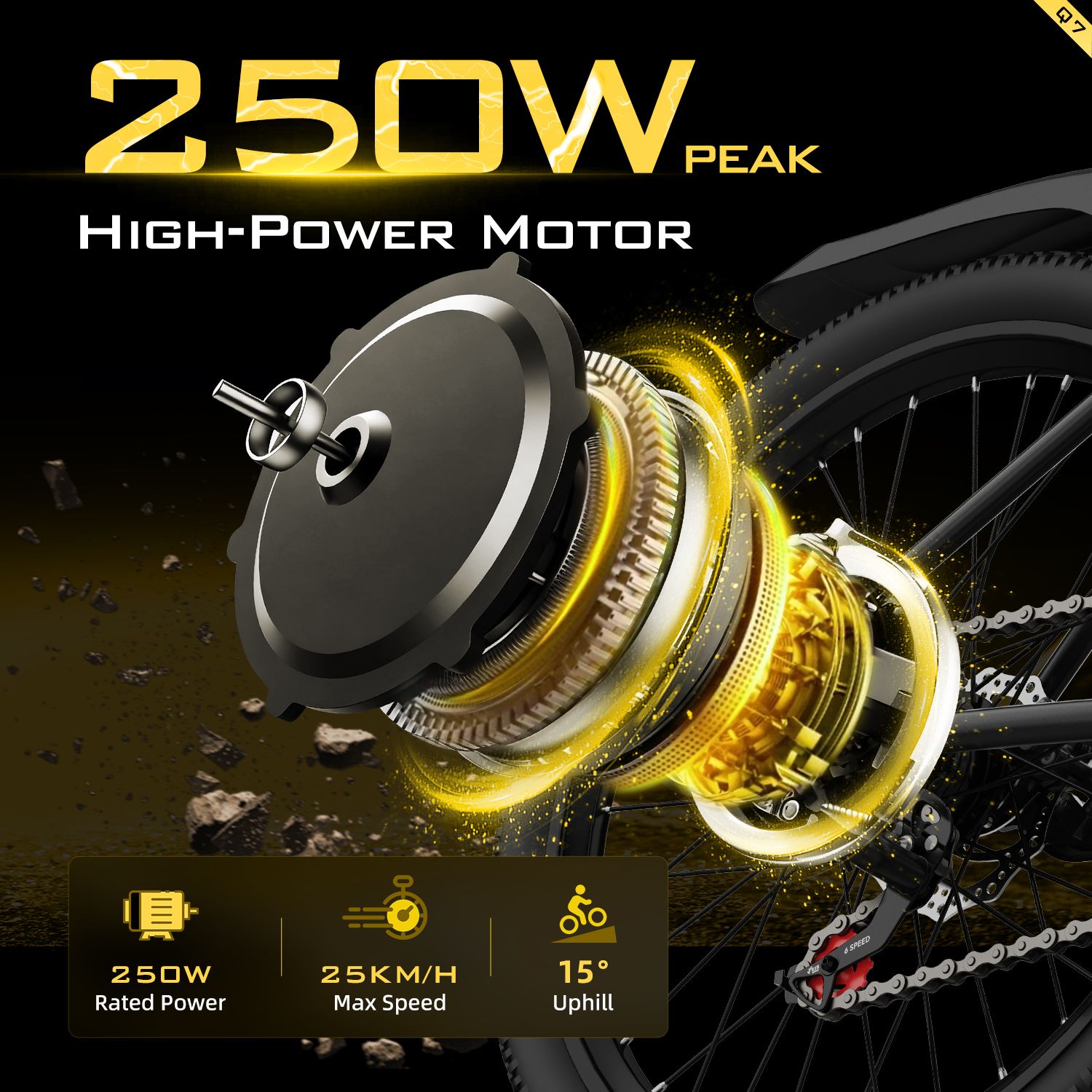 Motore elettrico da 250W. Dettagli su potenza, velocità e capacità di salita. Alloggiamento nero.