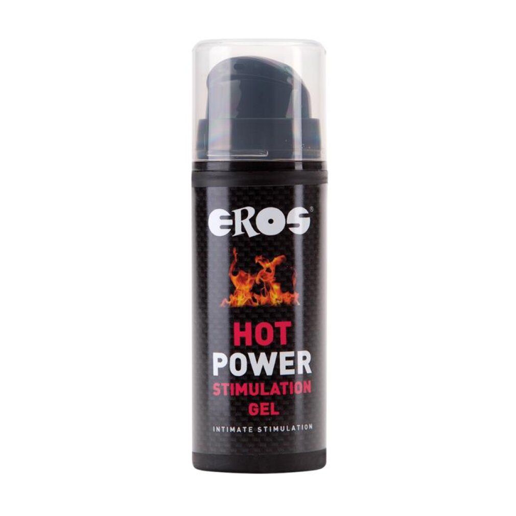 Flacone di gel stimolante Eros Hot Power con erogatore. Texture nera, design fiamme.