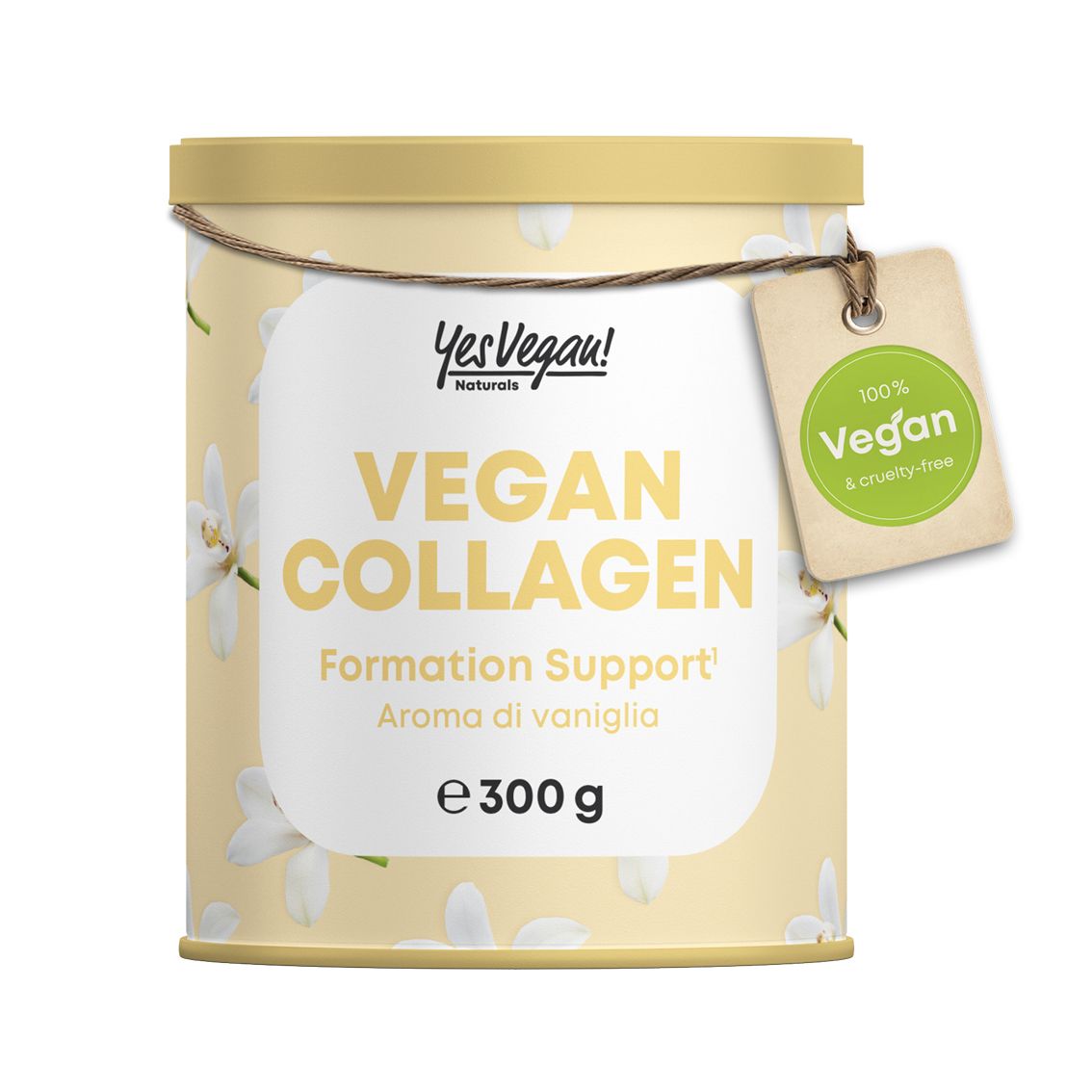 Lattina di polvere di collagene vegano vaniglia con sigillo 100% Vegan (Olandese).