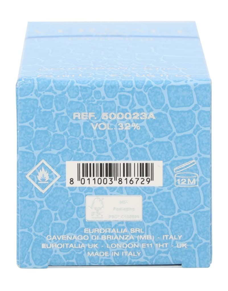 Retro di una scatola azzurra. Scritta: REF. 500023A VOL. 32%. Codice a barre e altri simboli.