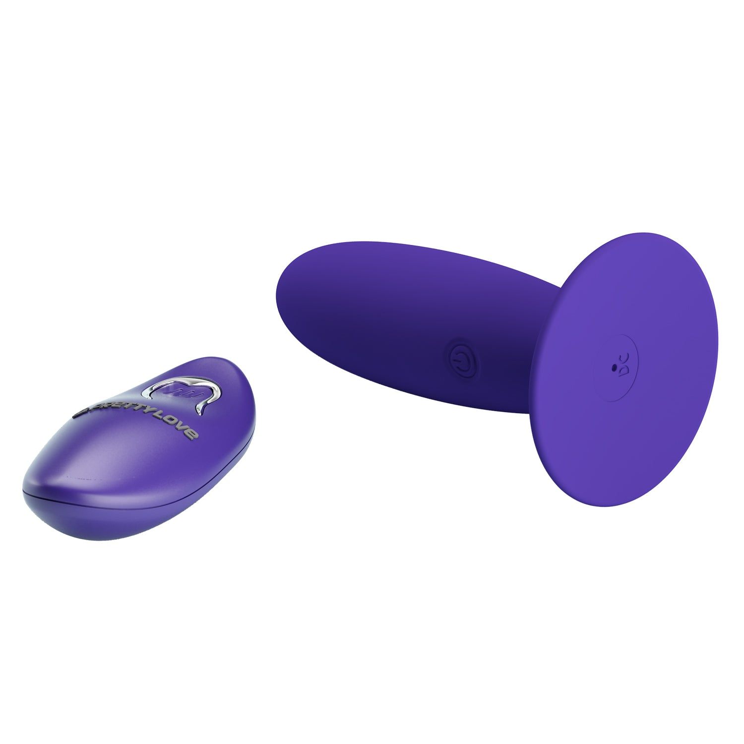 Plug anale viola con base e telecomando. Telecomando con logo e scritta PRETTY LOVE. Plug inclinato.