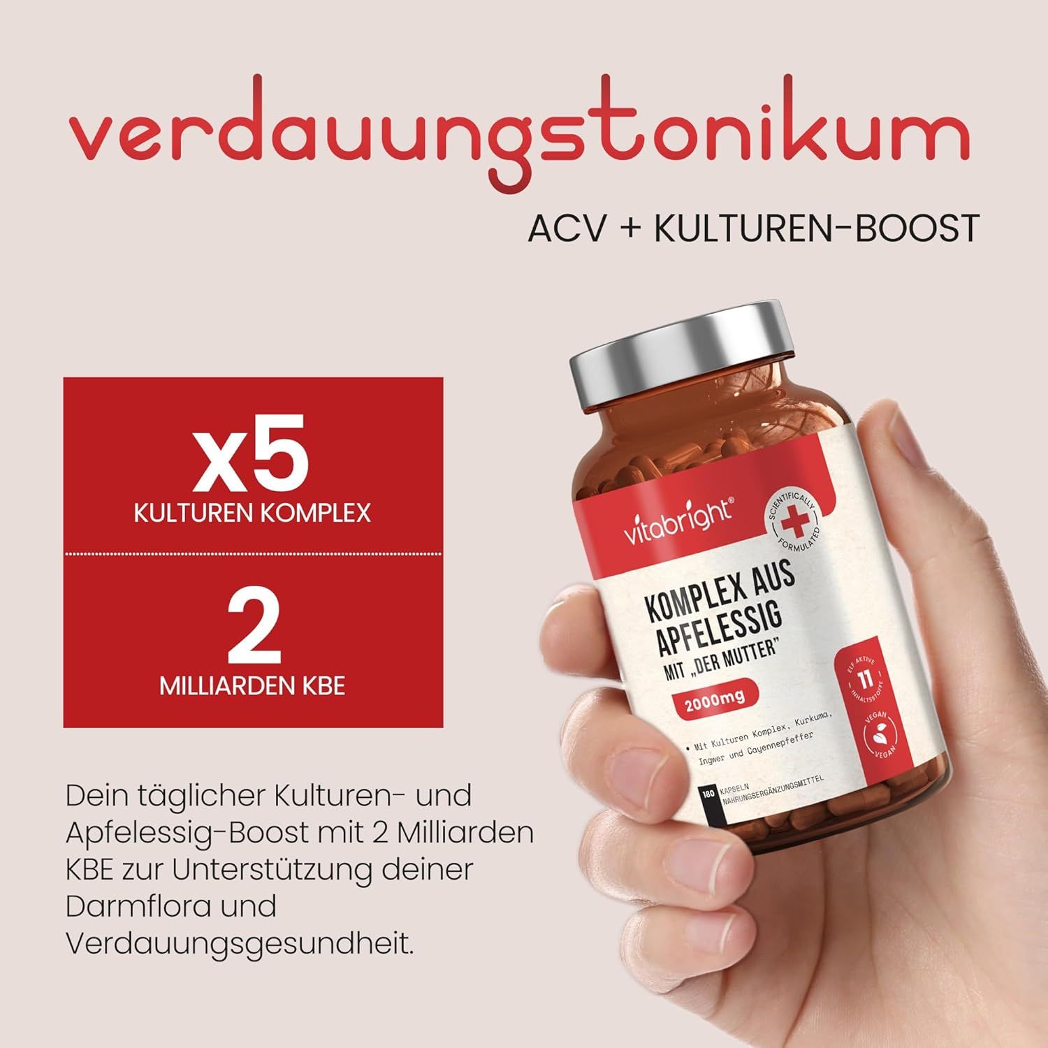 Mano che tiene un flacone di capsule VitaBright. Testo: x5 complesso di colture, 2 miliardi di UFC. Tonico digestivo.