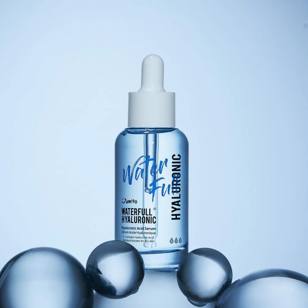 Flacone di siero blu con tappo e pipetta bianchi, circondato da sfere blu. Scritta: Waterfull Hyaluronic.