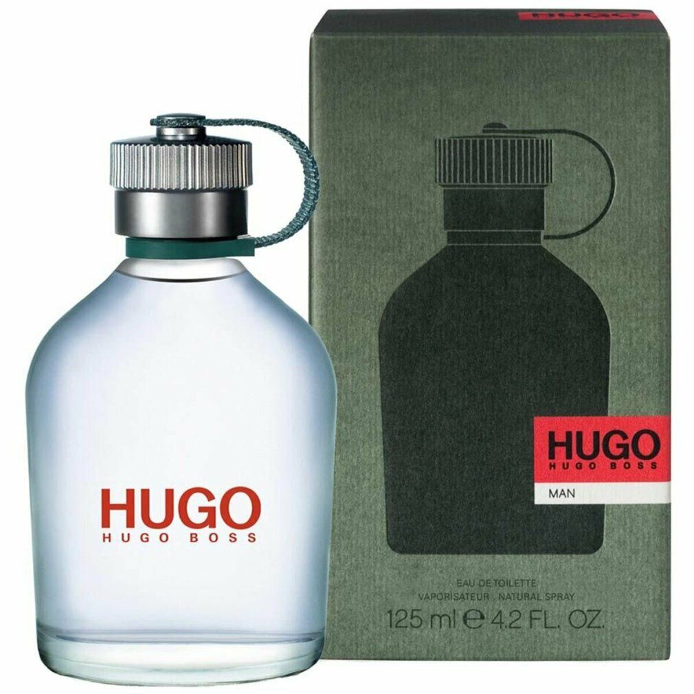 Hugo Boss Hugo Eau de Toilette. Flacone e confezione. Flacone con tappo argentato e cinturino verde. Scritte rosse.