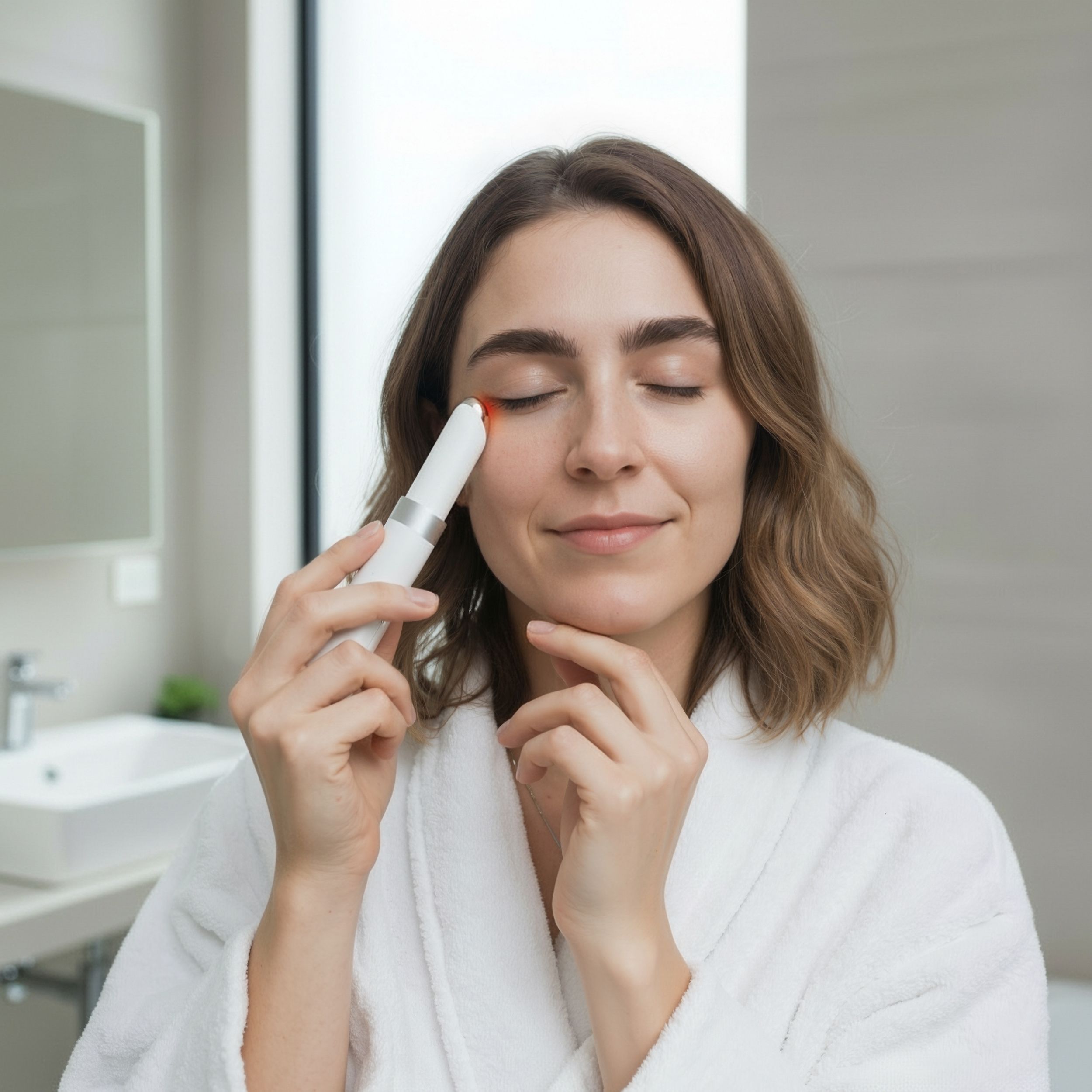 Donna tiene penna per la cura degli occhi bianca. Penna con luce rossa. La donna chiude gli occhi.