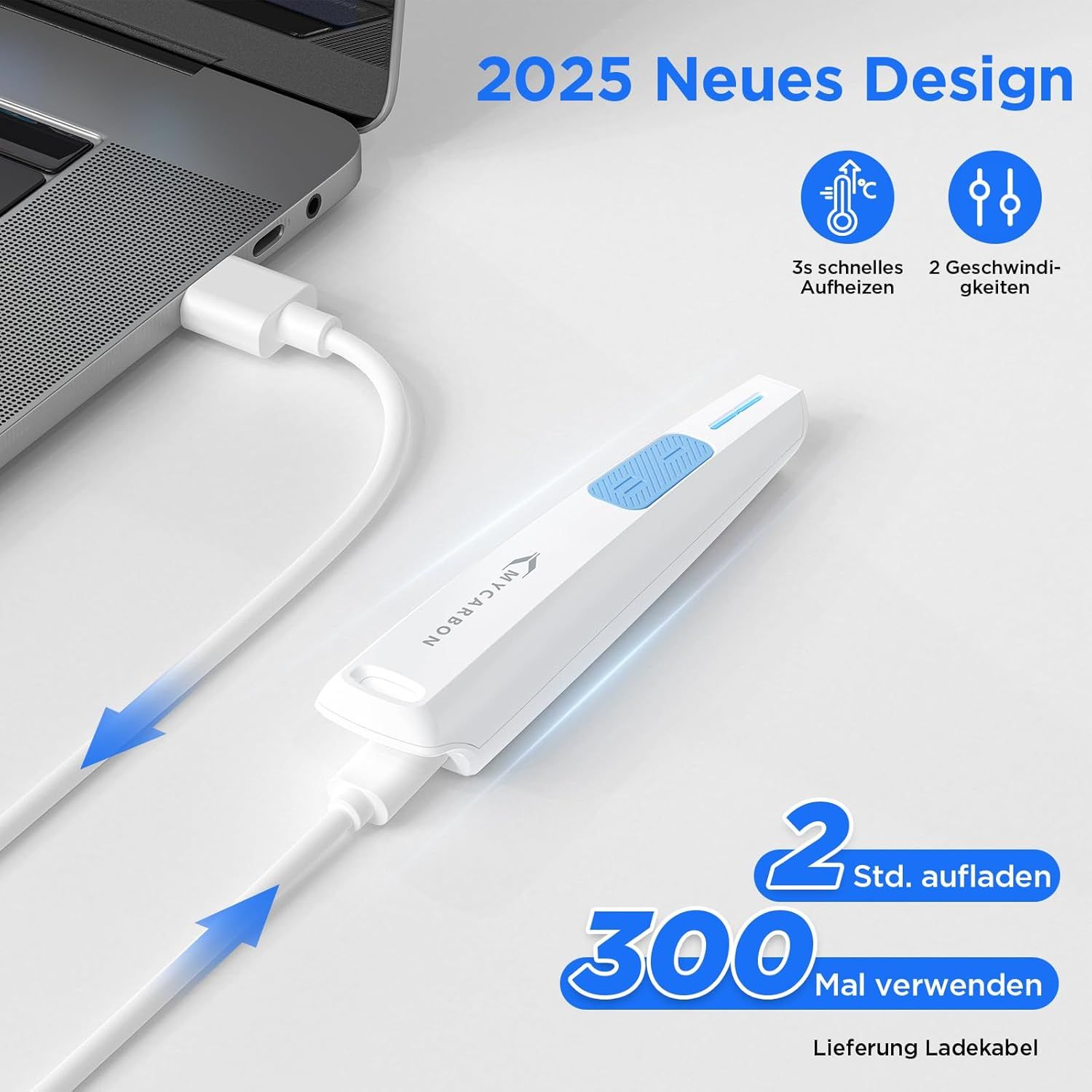Dispositivo bianco con pulsante blu, collegato a un laptop. Testo: 2025 Nuovo design, riscaldamento rapido 3s, 2 velocità.