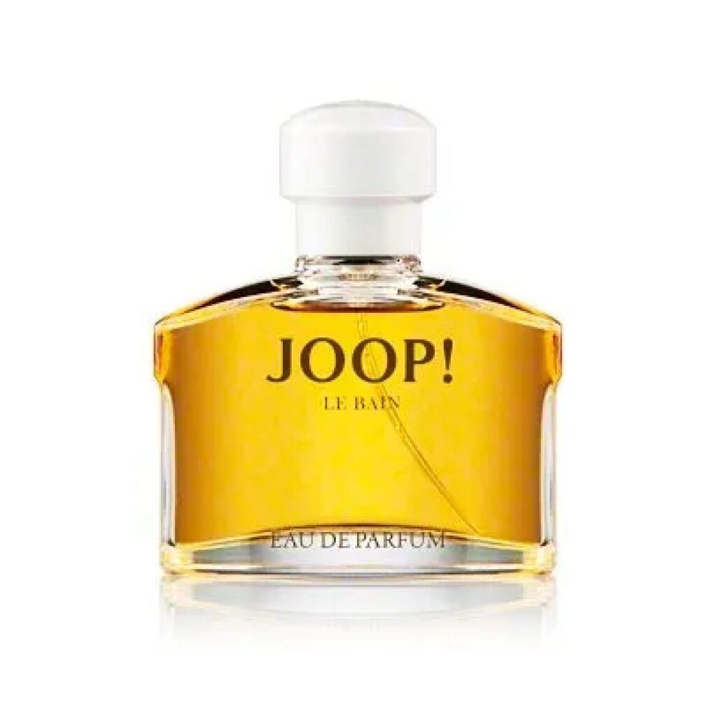 Flacone di Joop! Le Bain Eau de Parfum. Flacone quadrato in vetro con tappo bianco. Liquido giallo visibile. Scritta JOOP! e Le Bain.