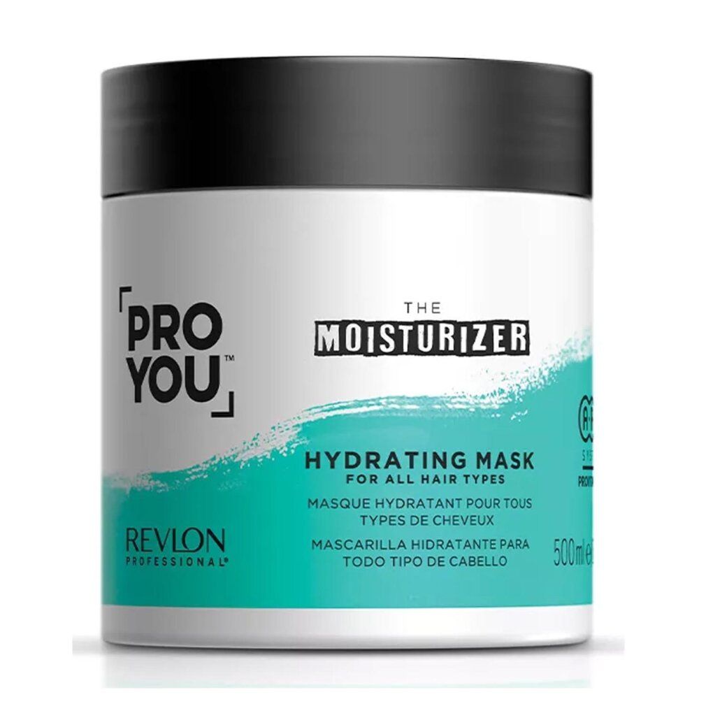 Vaso bianco, coperchio nero. Scritta: PRO YOU, THE MOISTURIZER, HYDRATING MASK. Revlon Professional. 500ml.