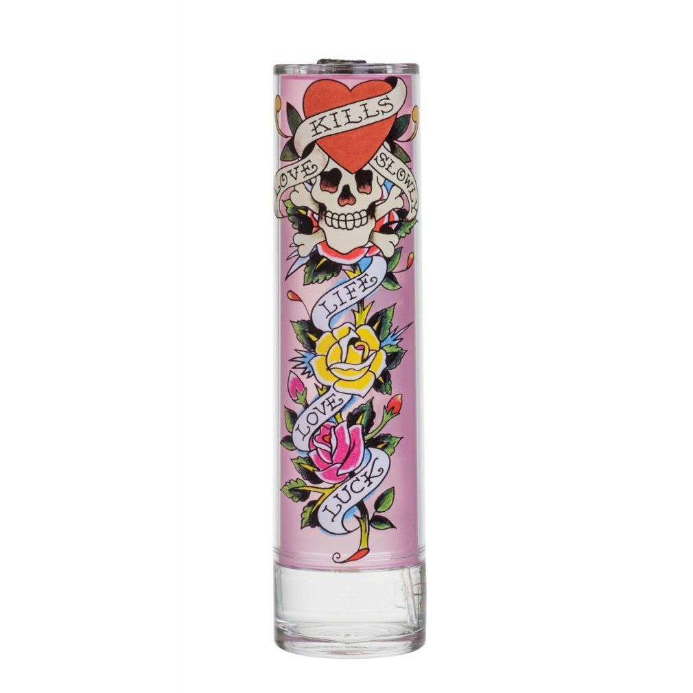 Flacone rosa con design teschio tatuato, rose e scritte. Base in vetro trasparente. Logo Ed Hardy in basso.