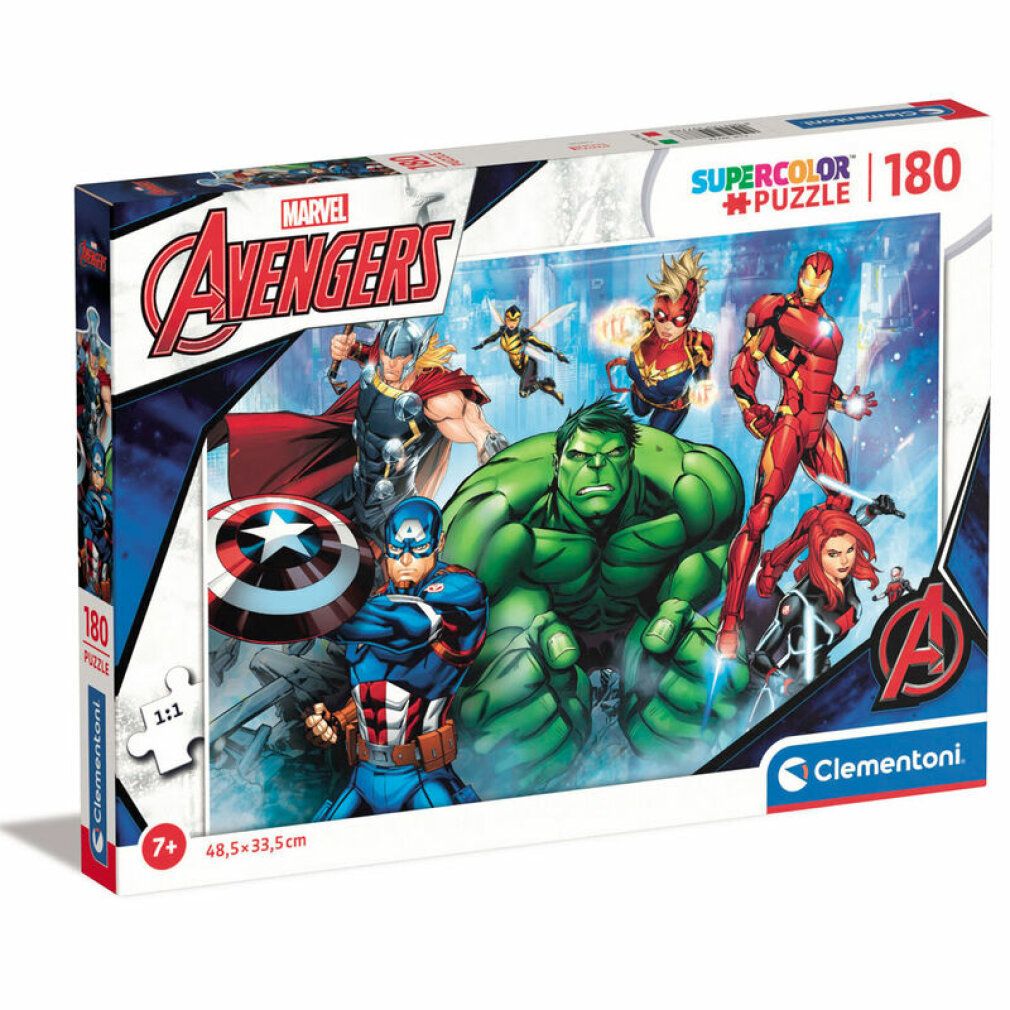 Scatola puzzle Avengers. Contiene 180 pezzi. Stampa con personaggi Avengers. Marchio: Clementoni. Età consigliata: 7+. Dimensioni: 48,5x33,5 cm.