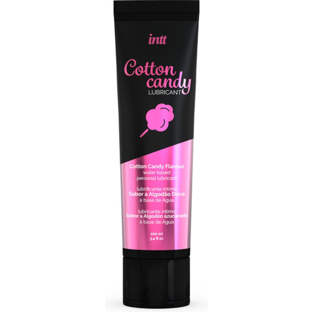 Tubo nero con dettagli rosa. Scritta: INTT, Cotton Candy Lubricant. Contiene 100 ml.