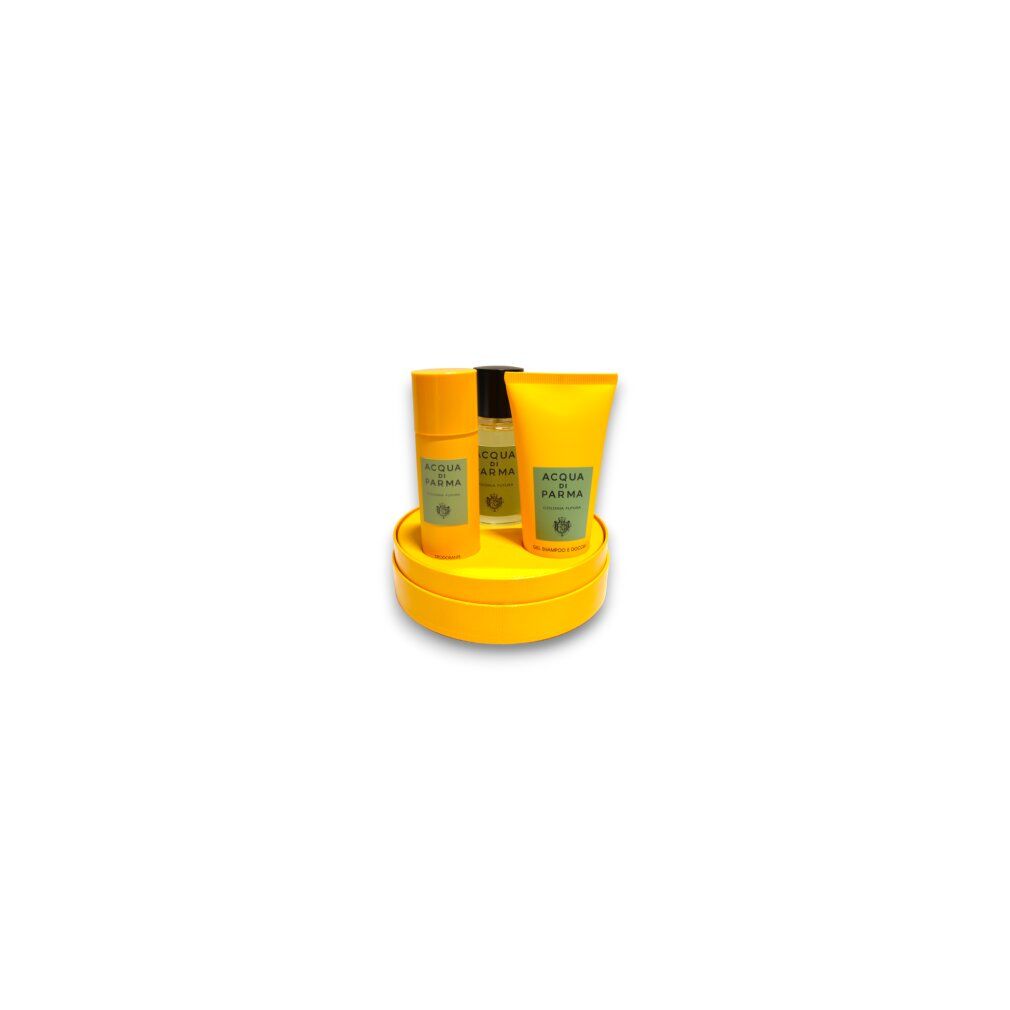 Set regalo giallo con deodorante, flacone di profumo e gel doccia su sfondo giallo. Logo e testo visibili.