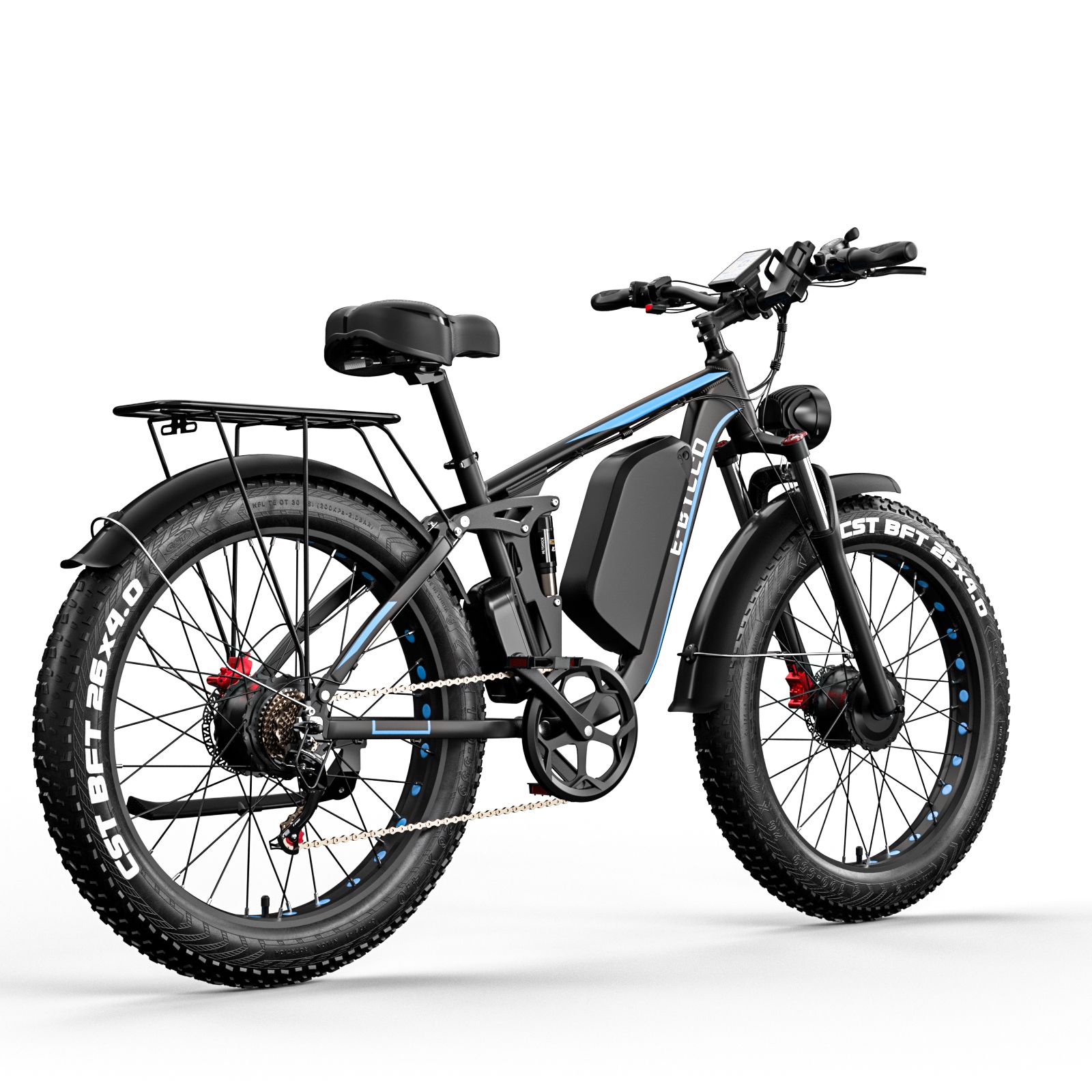 E-bike nero con pneumatici larghi. Vista laterale. Portapacchi, batteria, sella, pneumatici CST BFT.