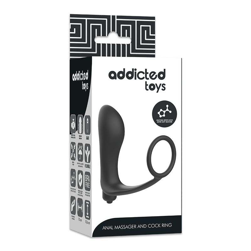 Confezione Addicted Toys. Scatola nera con immagine del prodotto e testo: Anal Massager and Cock Ring.
