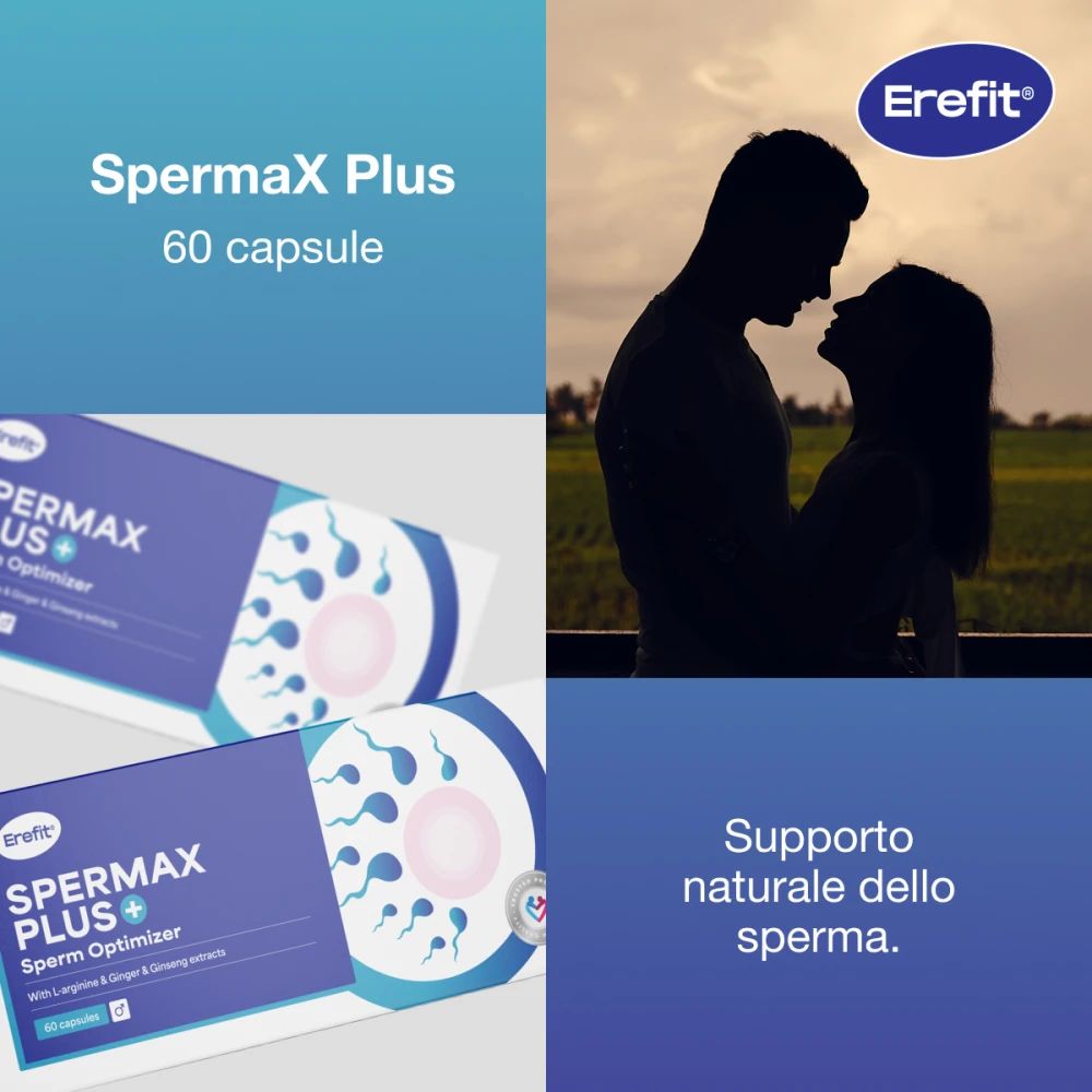 Confezione del prodotto con capsule. Scritto: SpermaX Plus, 60 capsule. Coppia sullo sfondo. Testo: Supporto naturale dello sperma.