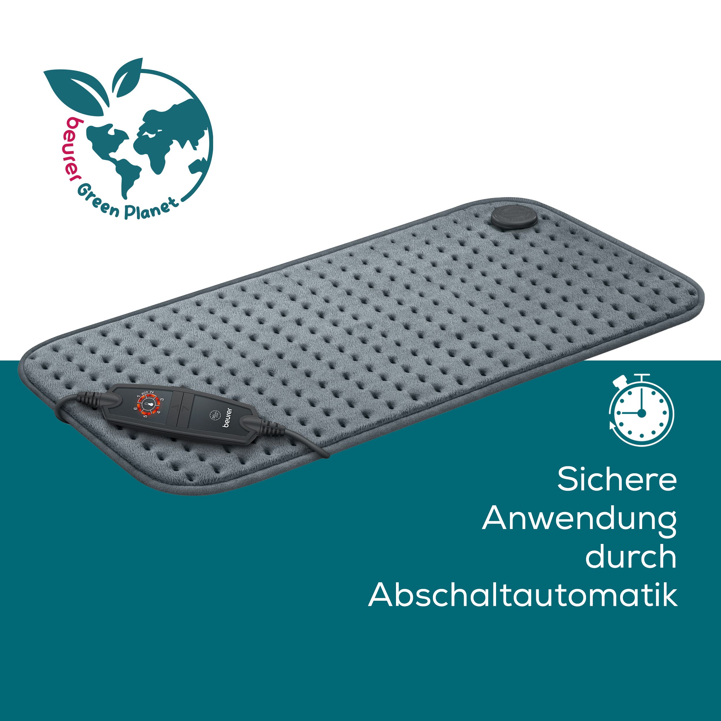 Cuscino riscaldante grigio con controllo. Testo: Uso sicuro grazie allo spegnimento automatico. Logo: Beurer Green Planet.