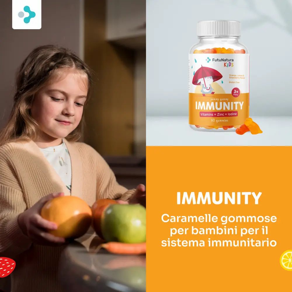 Ragazza con frutta. Bottiglia di FutuNatura Immunity Gummies. Testo: Immunity, caramelle gommose per bambini. Sfondo arancione.