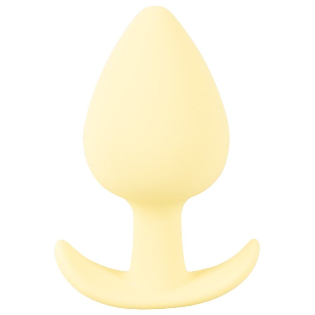 Plug anale giallo a forma di goccia, base curva. Realizzato in materiale morbido.