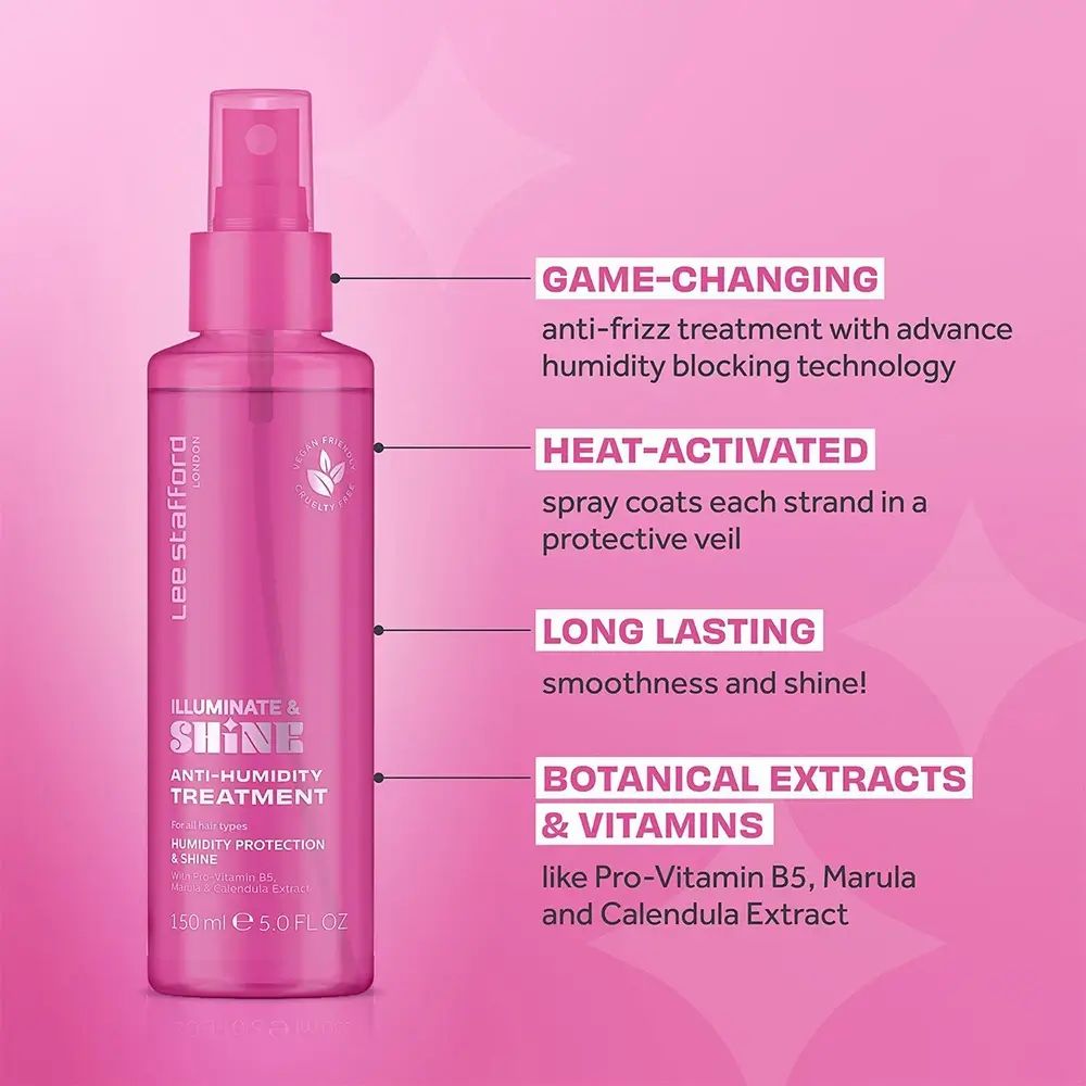 Flacone spray rosa. Testo: Lee Stafford, Illuminate & Shine, Anti-Humidity Treatment. Estratti botanici e vitamine.