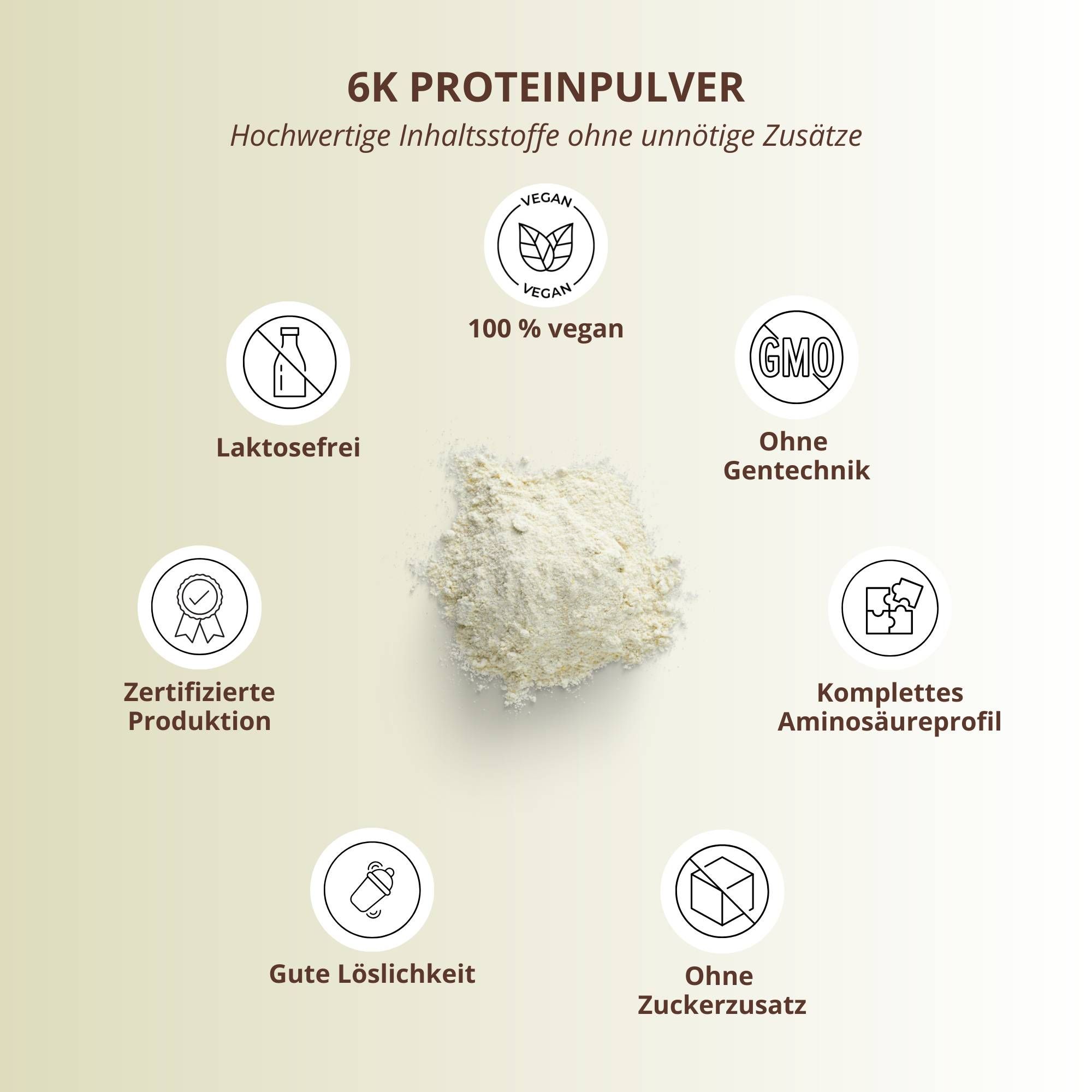 Disposizione circolare di simboli: vegano, senza lattosio, senza OGM, produzione certificata, profilo completo di aminoacidi, senza zucchero, buona solubilità.