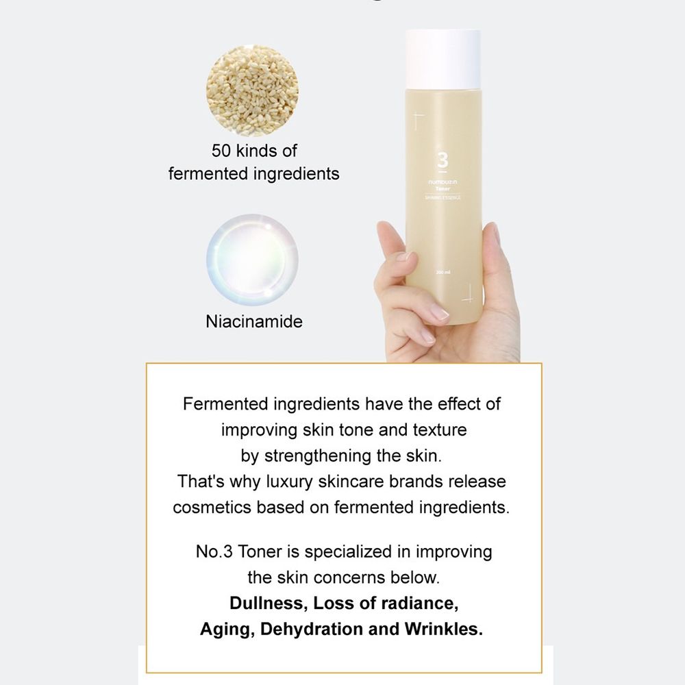 Flacone con scritta: 3, Numbuzin Toner. Testo sugli ingredienti e la cura della pelle.