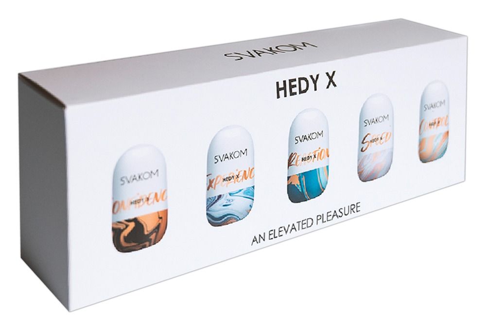 Scatola bianca con cinque oggetti ovoidali a motivi colorati. Testo: "SVAKOM HEDY X AN ELEVATED PLEASURE".