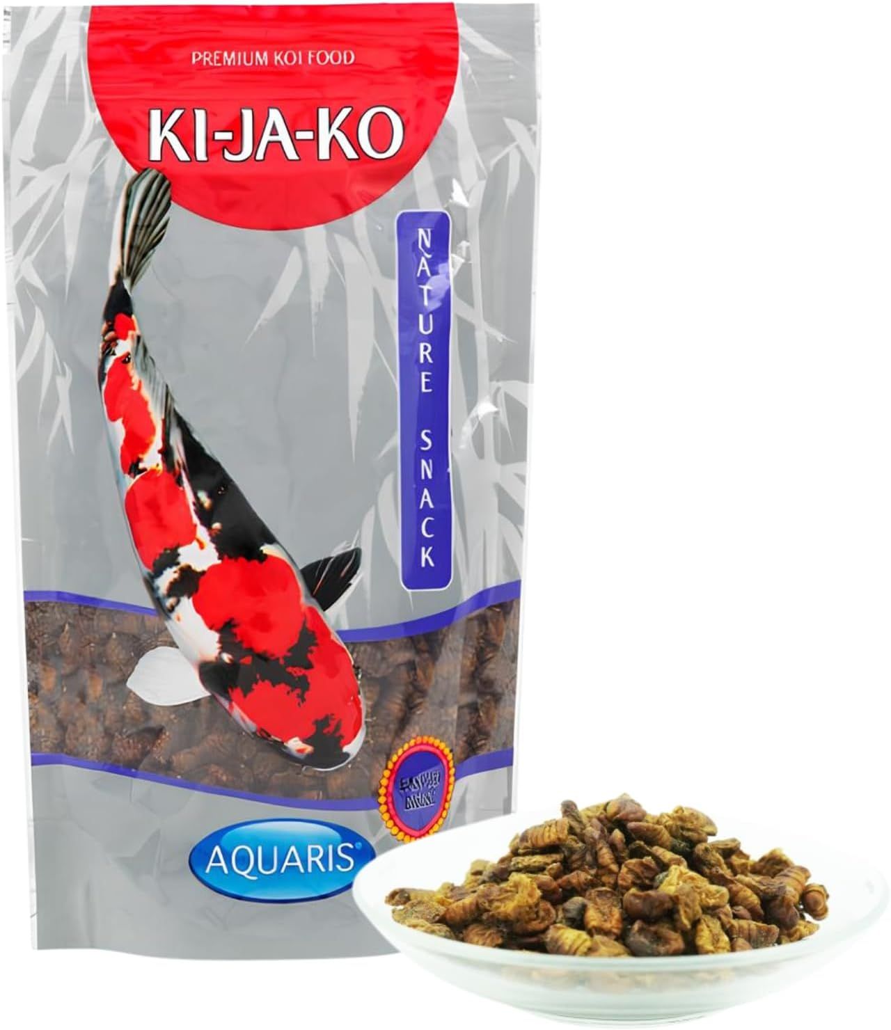 KI-JA-KO Koifischfutter Nature Snack in busta. Accanto, una ciotola con cibo. Logo Aquaris.