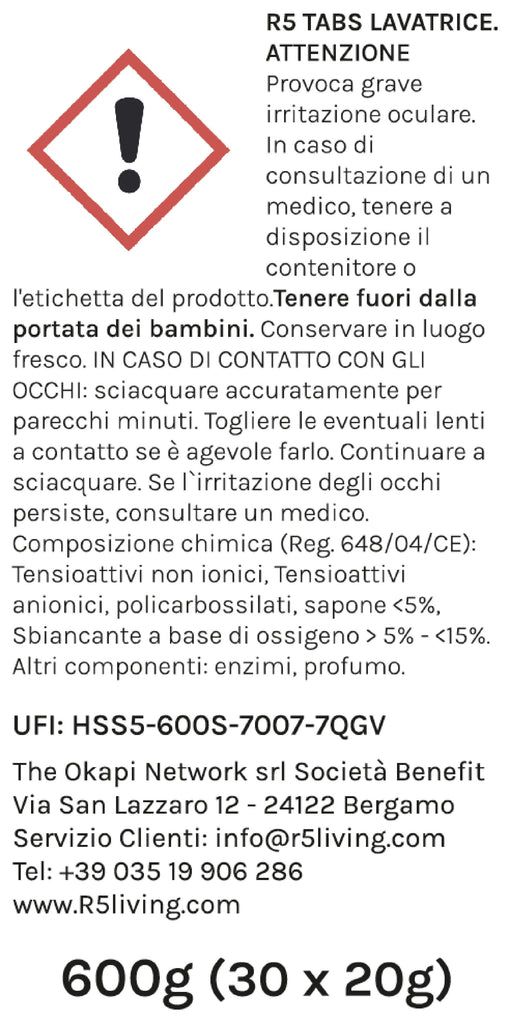 R5 Eco Tabs Lavatrice 30 Pastiglie, Tensioattivi Vegetali, Senza Coloranti, Ecolabel