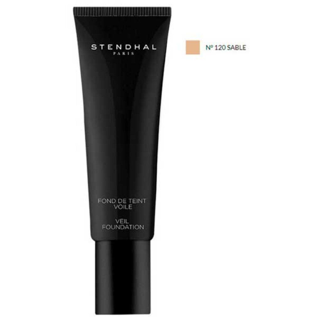 Tubo nero STENDHAL PARIS. Scritta "FOND DE TEINT VOILE". Riferimento colore N° 120 SABLE.