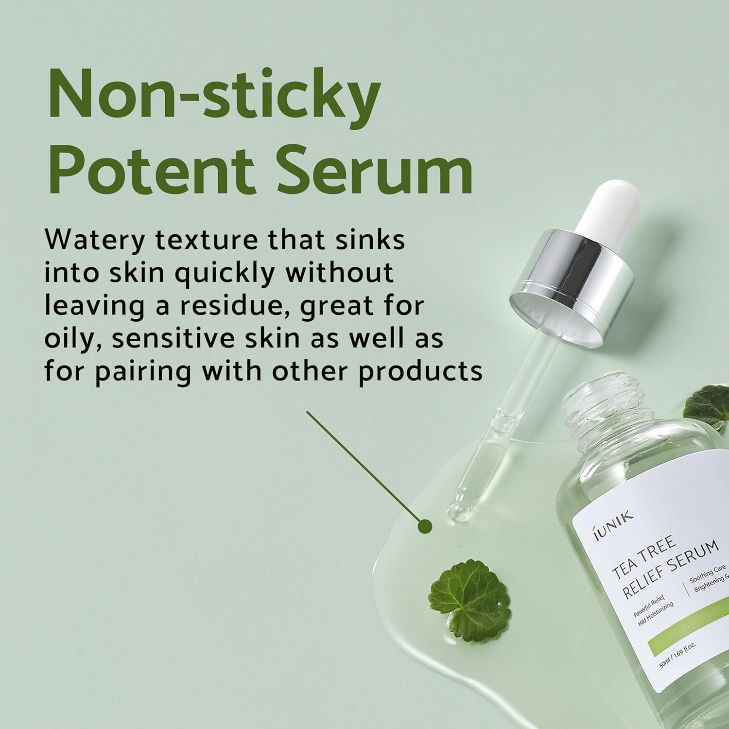 Flacone di siero con pipetta, testo: Non-sticky Potent Serum. Texture acquosa, ideale per pelli grasse e sensibili.