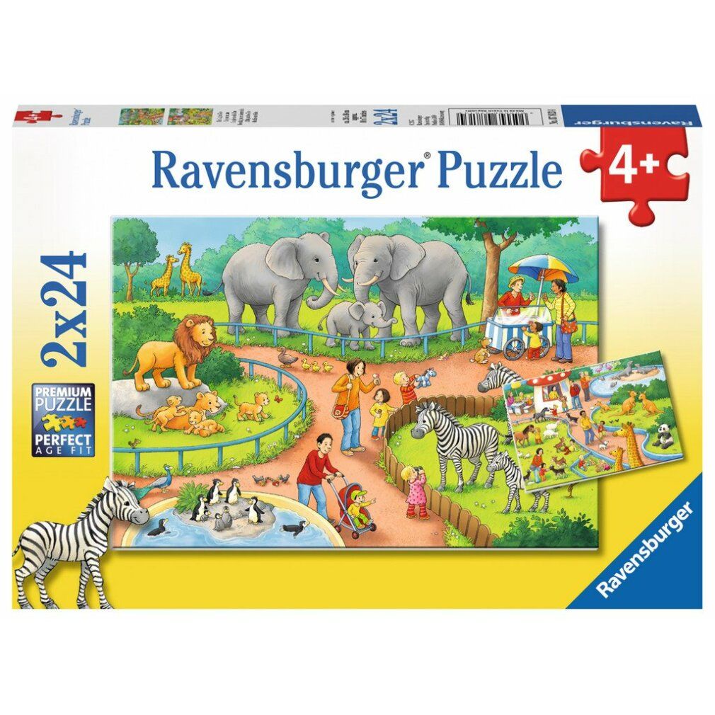 Confezione puzzle: Ravensburger Puzzle, 2x24 pezzi. Illustrazione della scena dello zoo. Età consigliata 4+. Premium Puzzle Perfect Age Fit.