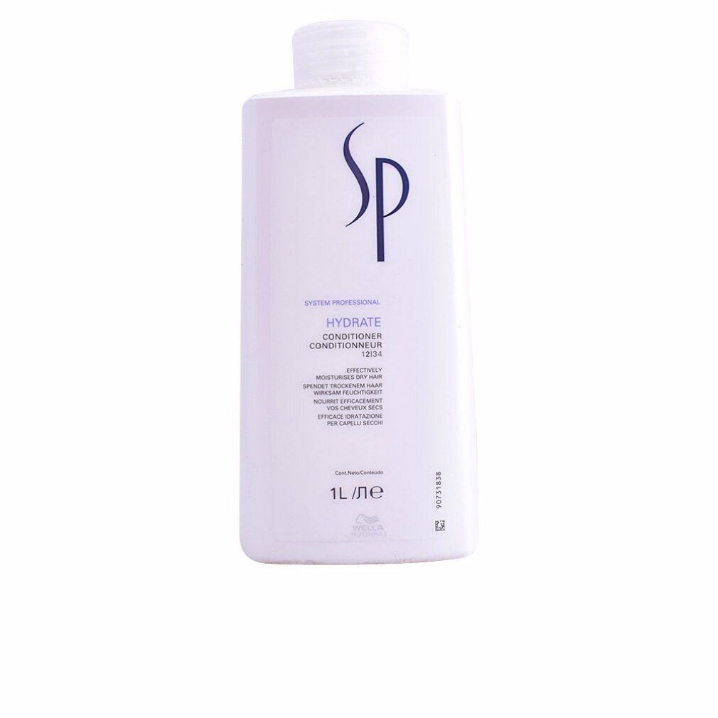 Flacone bianco rettangolare con tappo bianco. Scritta SP, Hydrate Conditioner. 1L.