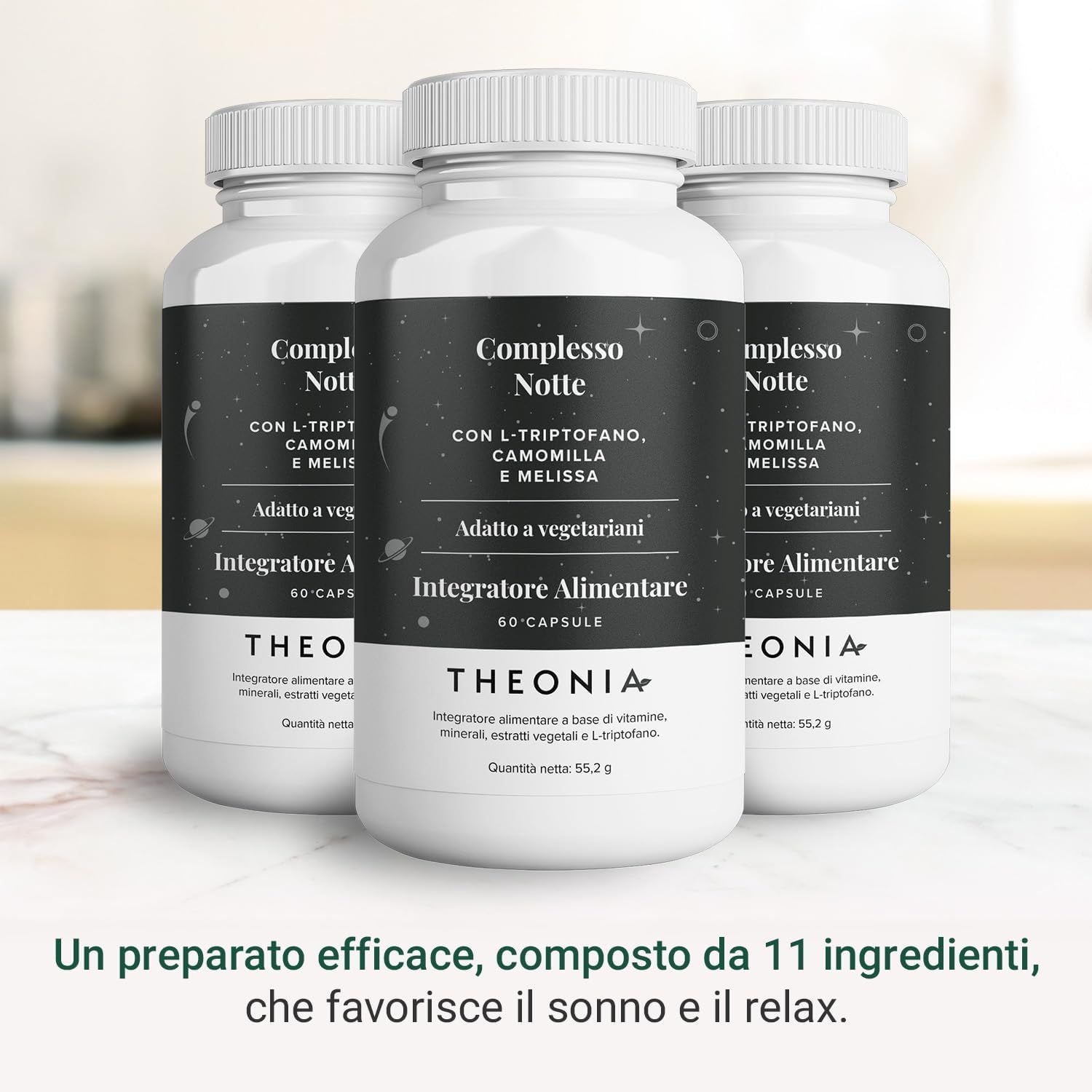 Tre flaconi di capsule bianchi. Testo: Compresso Notte, L-Triptofano, Camomilla, Melissa. Adatto a vegetariani. Integratore Alimentare. Theonia.