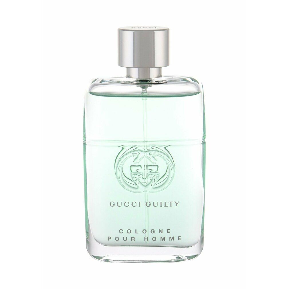 Flacone in vetro con tappo argentato. Scritta: Gucci Guilty Cologne pour Homme. Logo e testo.