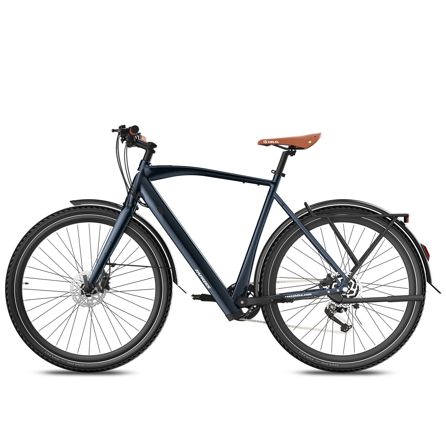 Bicicletta elettrica blu scuro con sella marrone. Parafanghi, portapacchi e pneumatici neri. Logo Fafrees.