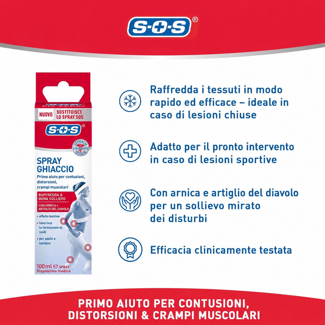 SOS Eis-Spray. Flacone spray rosso con informazioni. Testo: Raffredda i tessuti rapidamente ed efficacemente. Adatto per lesioni sportive. Con arnica e artiglio del diavolo.