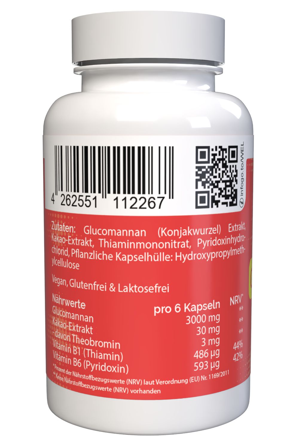 Flacone bianco, retro con etichetta rossa. Elenco ingredienti, valori nutrizionali, codice QR e codice a barre. Vegano, senza glutine e senza lattosio.