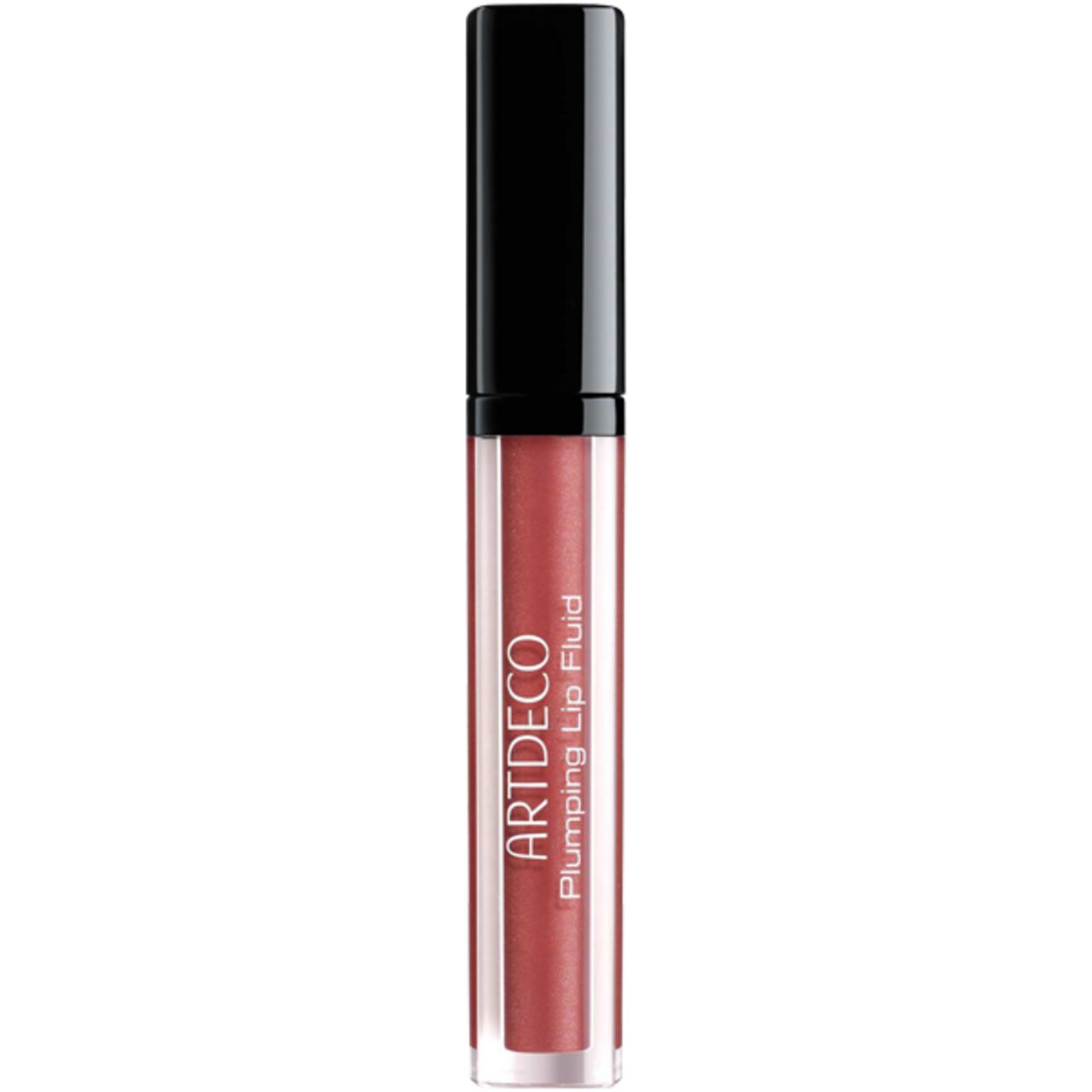 Artdeco Plumping Lip Fluid. Flacone trasparente, tappo nero. Nome e marchio del prodotto ben visibili.