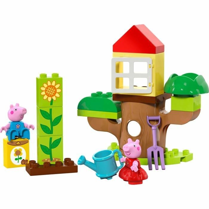 Set LEGO Duplo. Casa sull'albero, personaggi Peppa Pig, fiori, annaffiatoio e accessori. Mattoncini colorati.