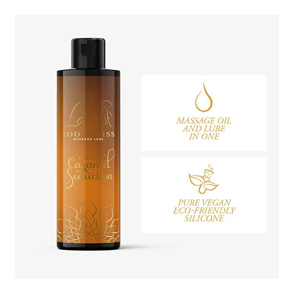 Flacone. Scritta: BodyGliss, Toffee Caramel Seduction. Loghi: olio da massaggio e lubrificante, vegano.