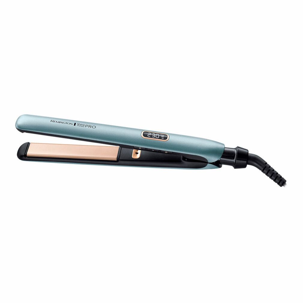Piastra per capelli blu metallizzato con display temperatura. Cavo nero. Piastre riscaldanti dorate. Remington.