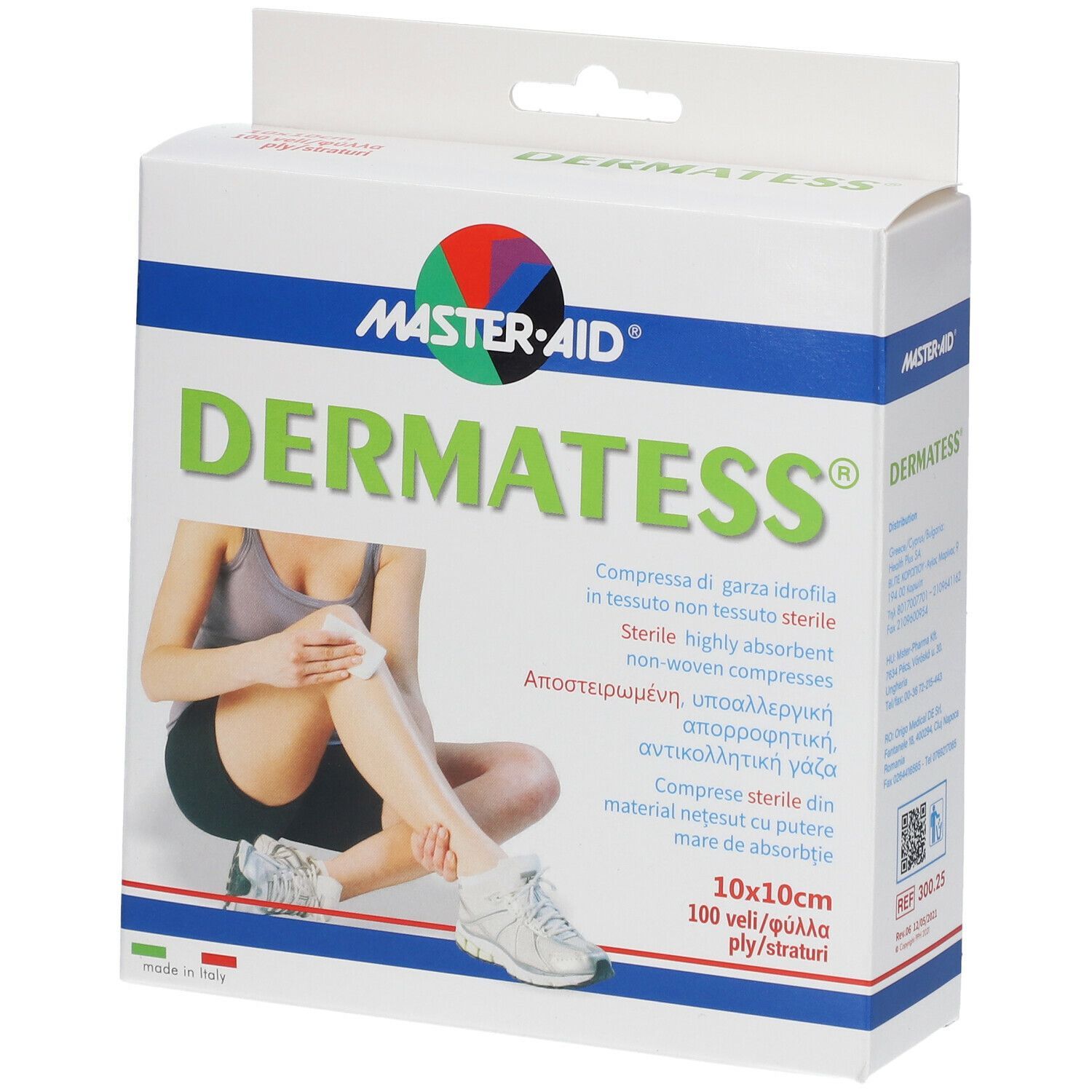 Confezione di Dermatess® Garza in Tessuto 10x10cm. Contiene 100 compresse sterili. Marchio: Master-Aid.