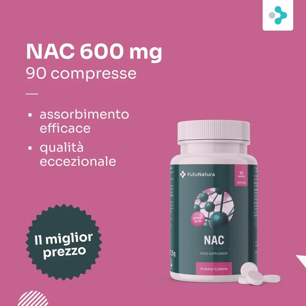 Flacone con compresse. Scritta NAC 600 mg, 90 compresse. Testo: Assorbimento efficace, qualità eccezionale. Il miglior prezzo.