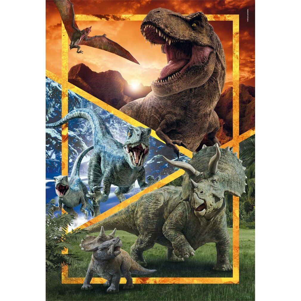Motivo puzzle con dinosauri. Un T-Rex con la bocca aperta, altri dinosauri in un paesaggio. Cornice dorata.