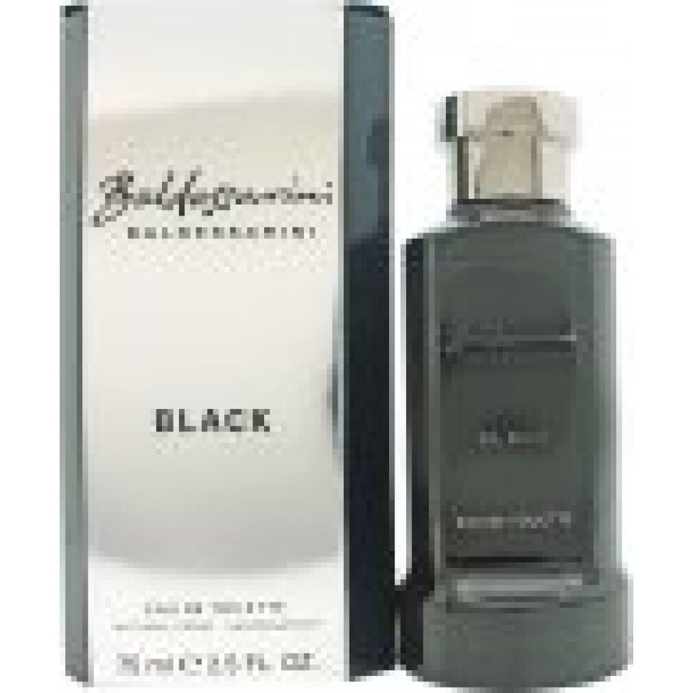 Flacone e confezione neri. Scritta: Baldessarini Black. Tappo argentato.
