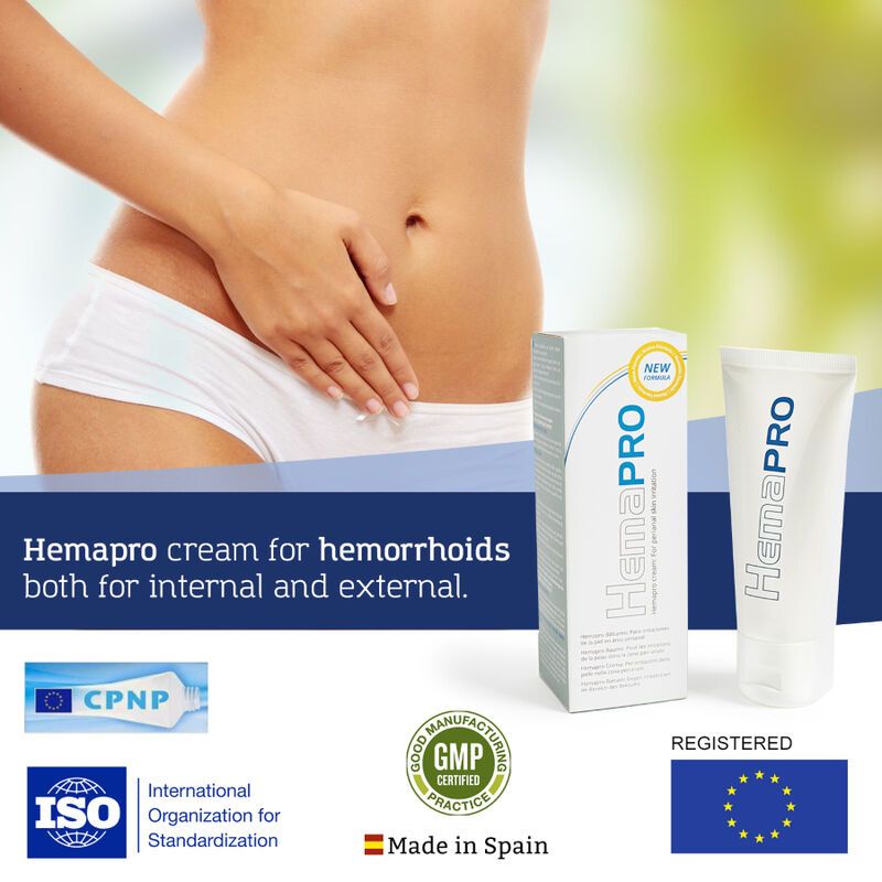 Donna in biancheria intima bianca, confezione e tubo HemaPRO. Certificazioni: CPNP, GMP, ISO. Prodotto in Spagna.
