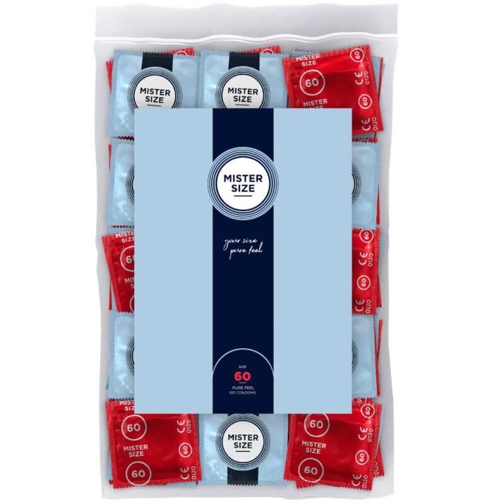 Confezione di preservativi. Visibile: Mister Size, 60 pezzi. Confezioni rosse e blu in un sacchetto trasparente.