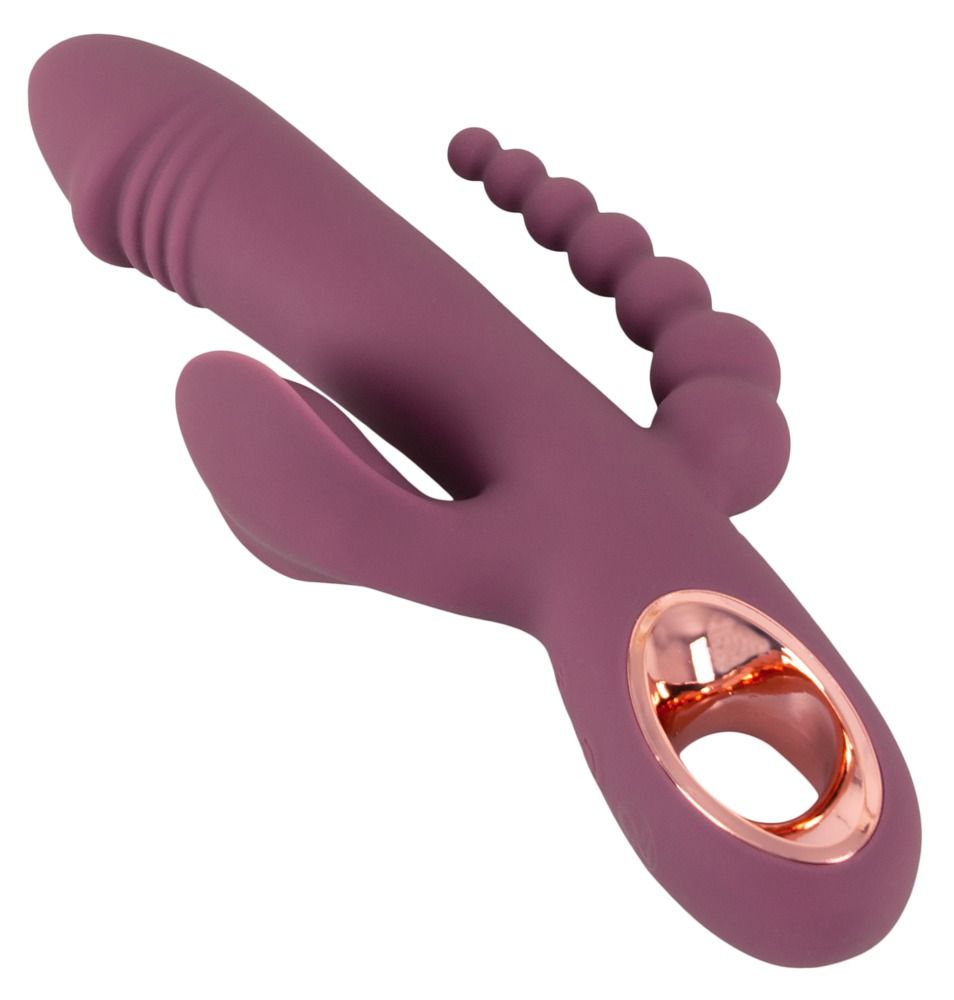 Vibratore viola con testa a coste, orecchie flessibili e coda perlinata, mostrato da un'angolazione.